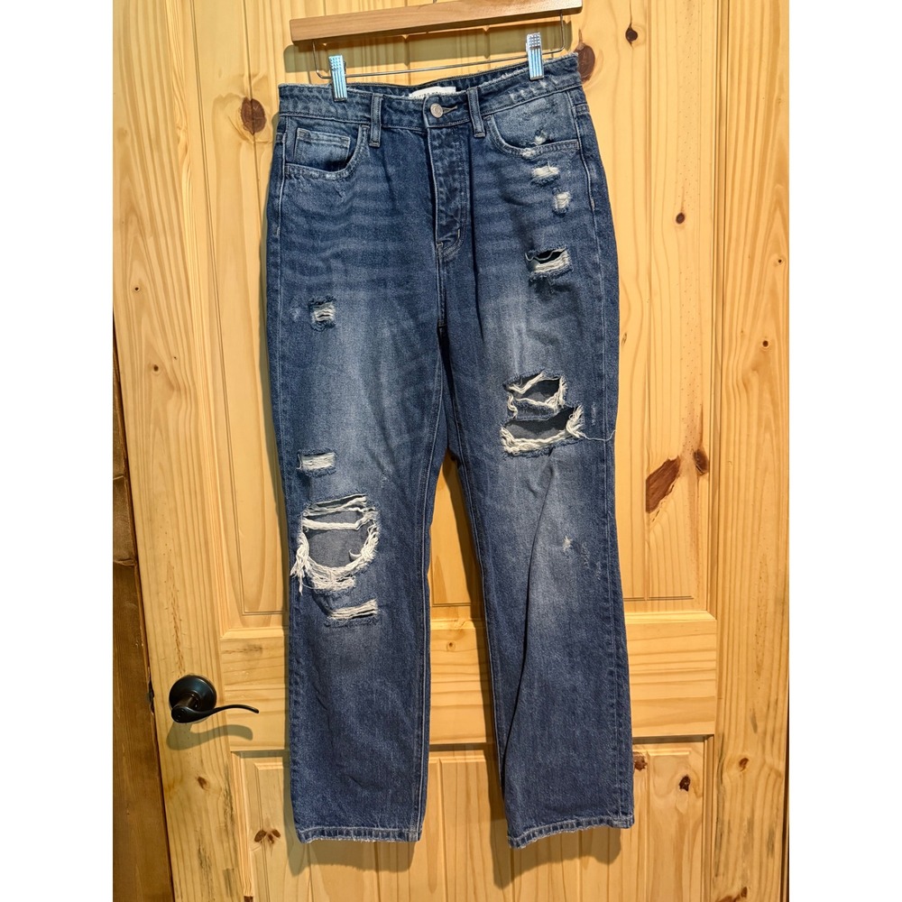 Flying Monkey Distressed High Rise Straight‎ Leg Jeans Blue Button Fly Y3913 27